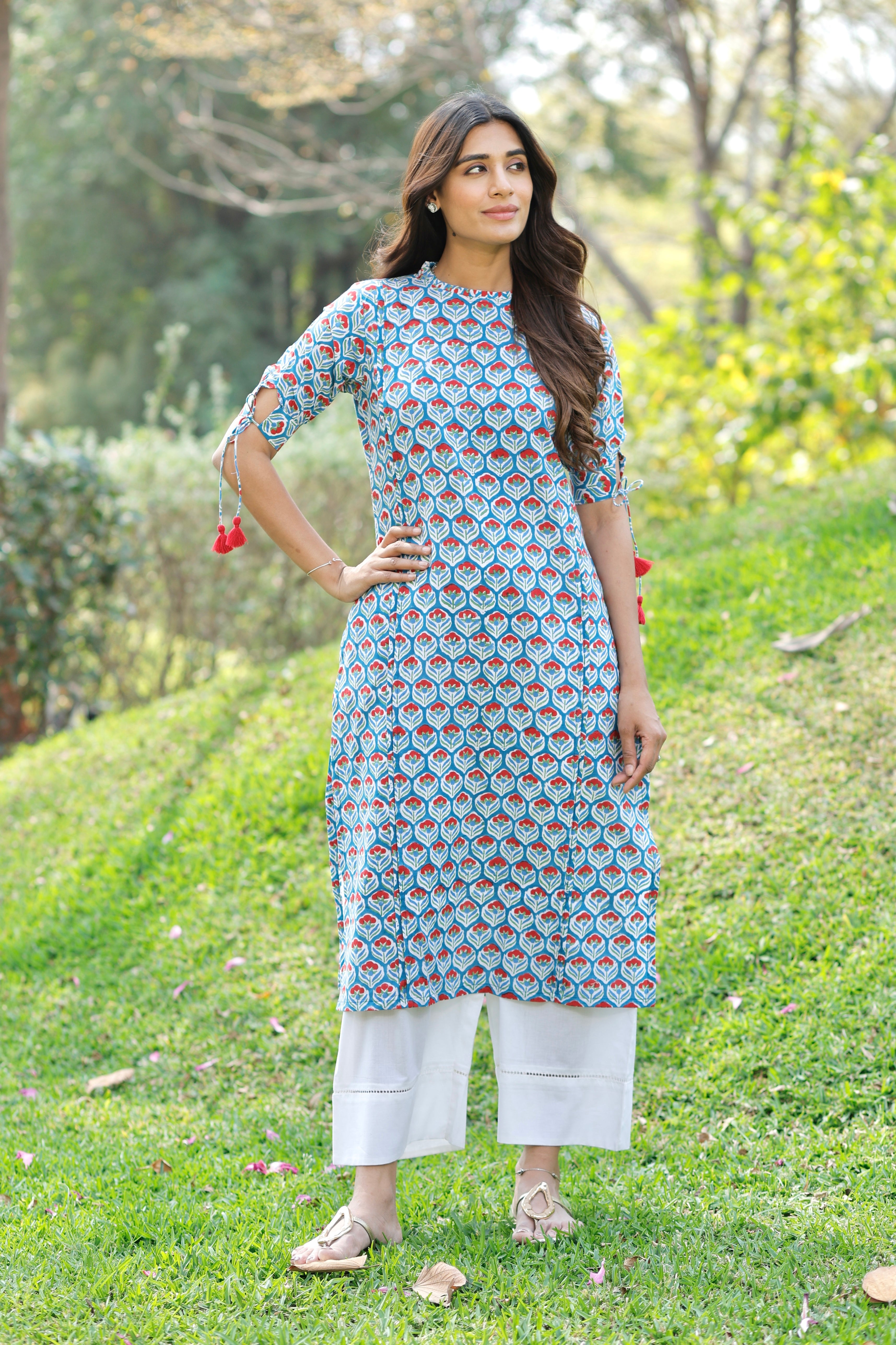 Teal Blue Hand Block Printed Cotton Kurta