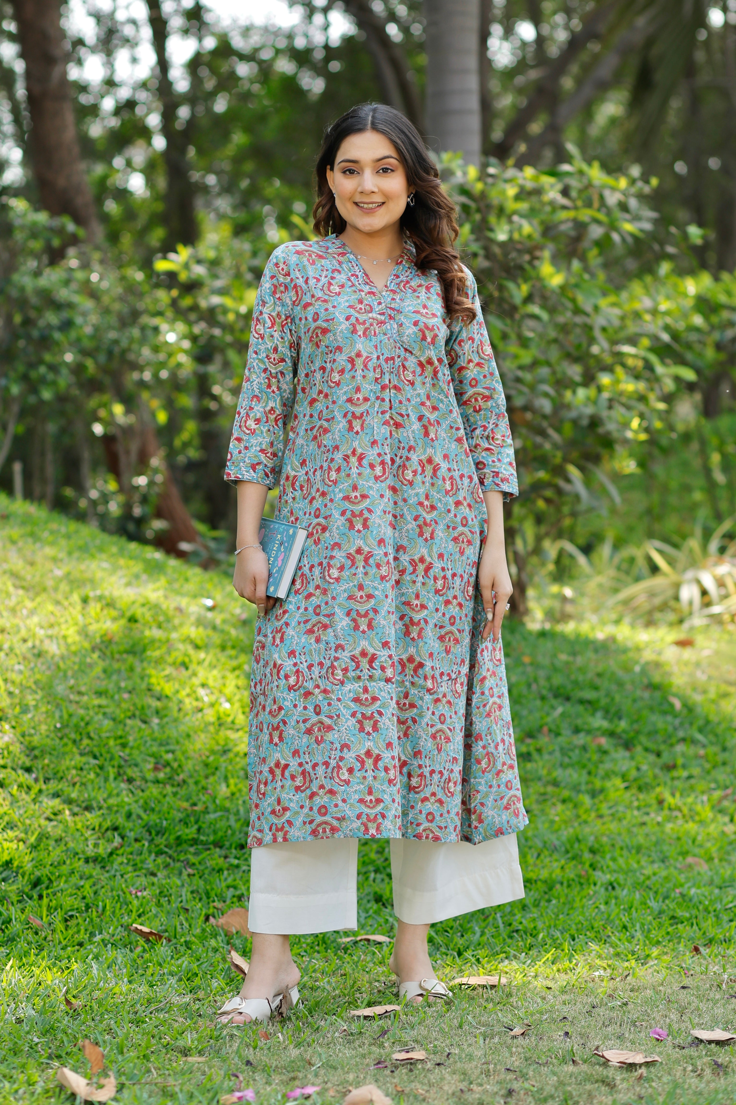 Soft Cadet Blue Hand Block Printed Cotton Kurta