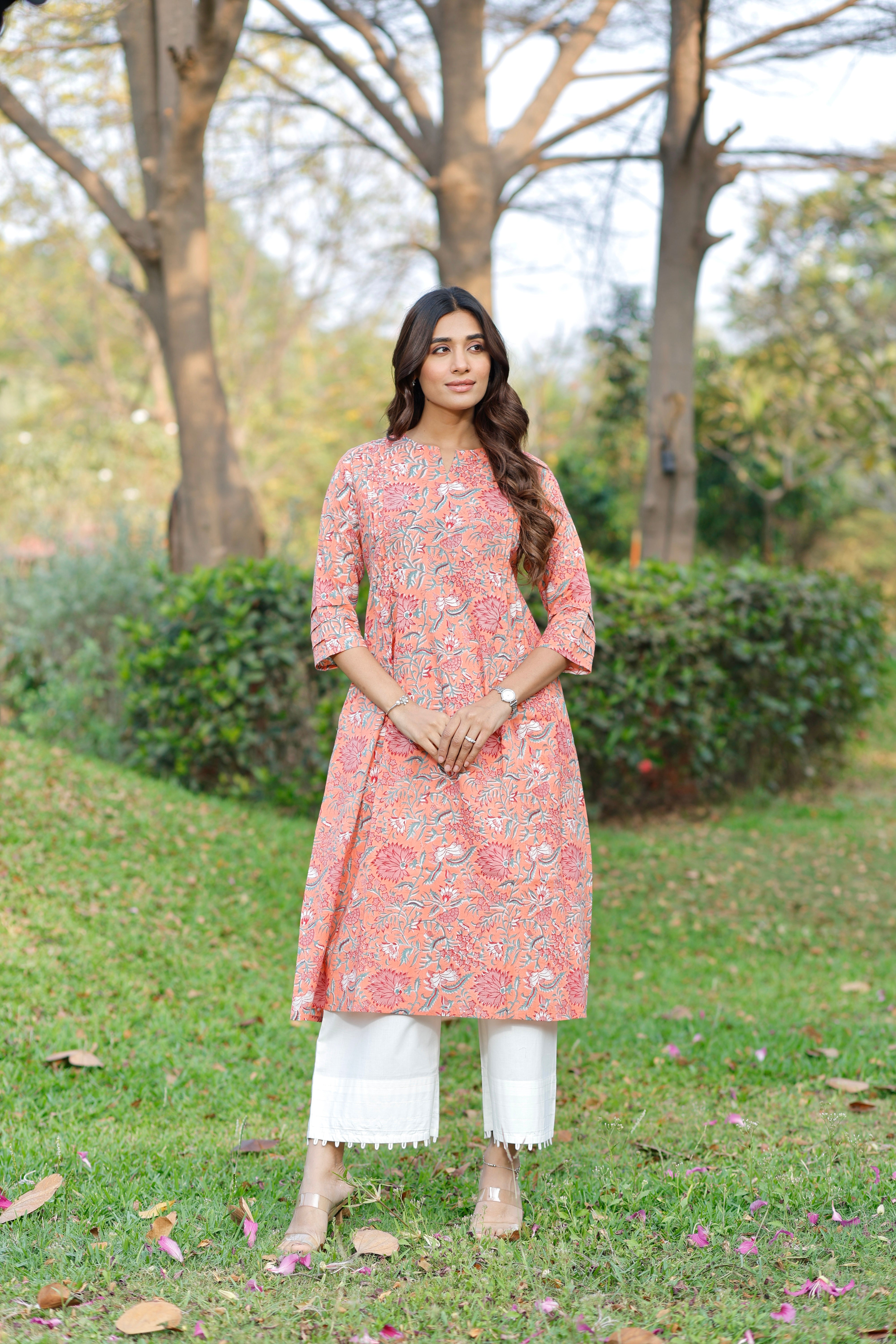 Blush Coral Hand Block Printed Cotton Kurta