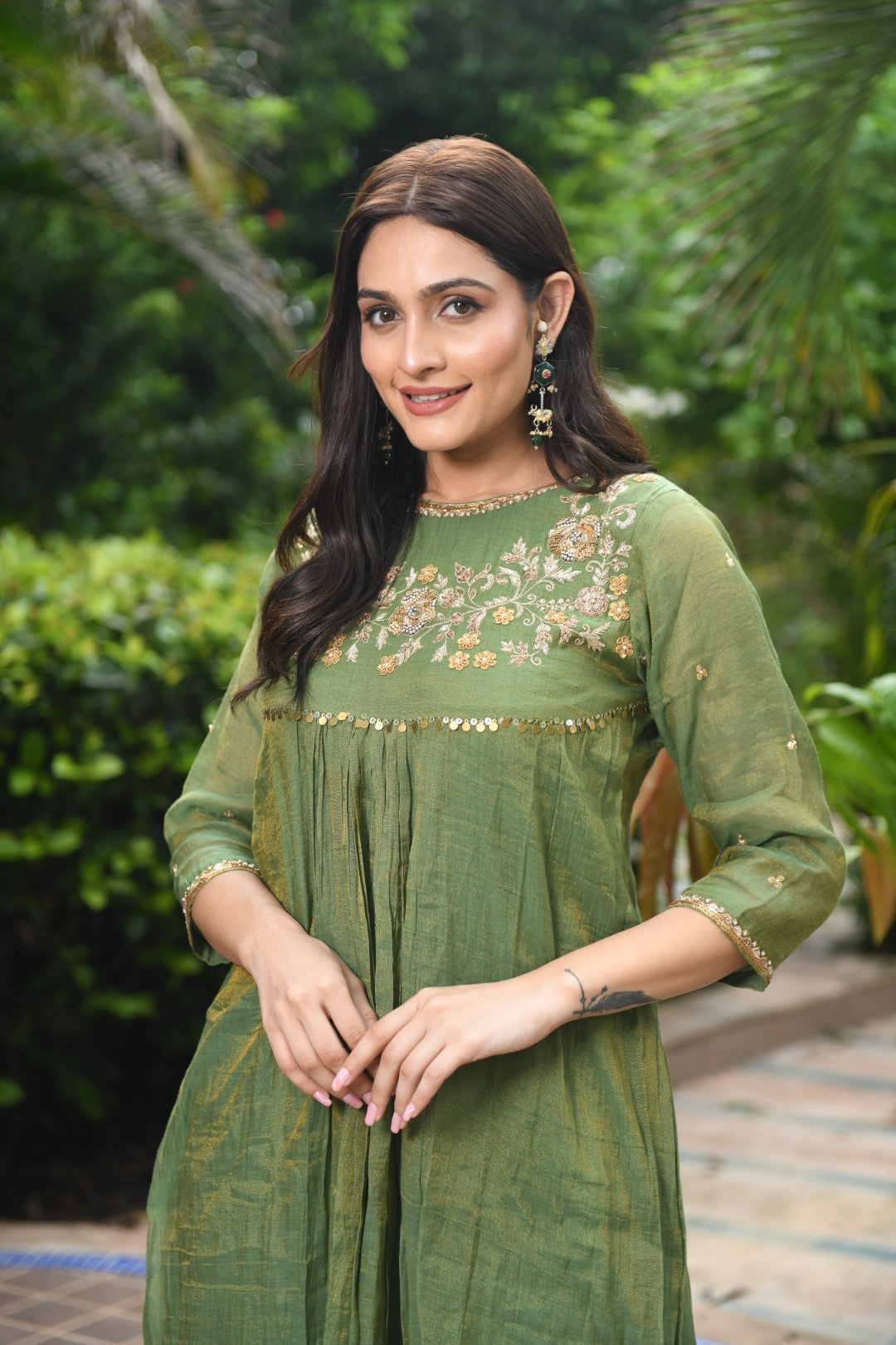 EMERALD GREEN TISSUE CURVED YOKE RIWAYAT ANARKALI SET