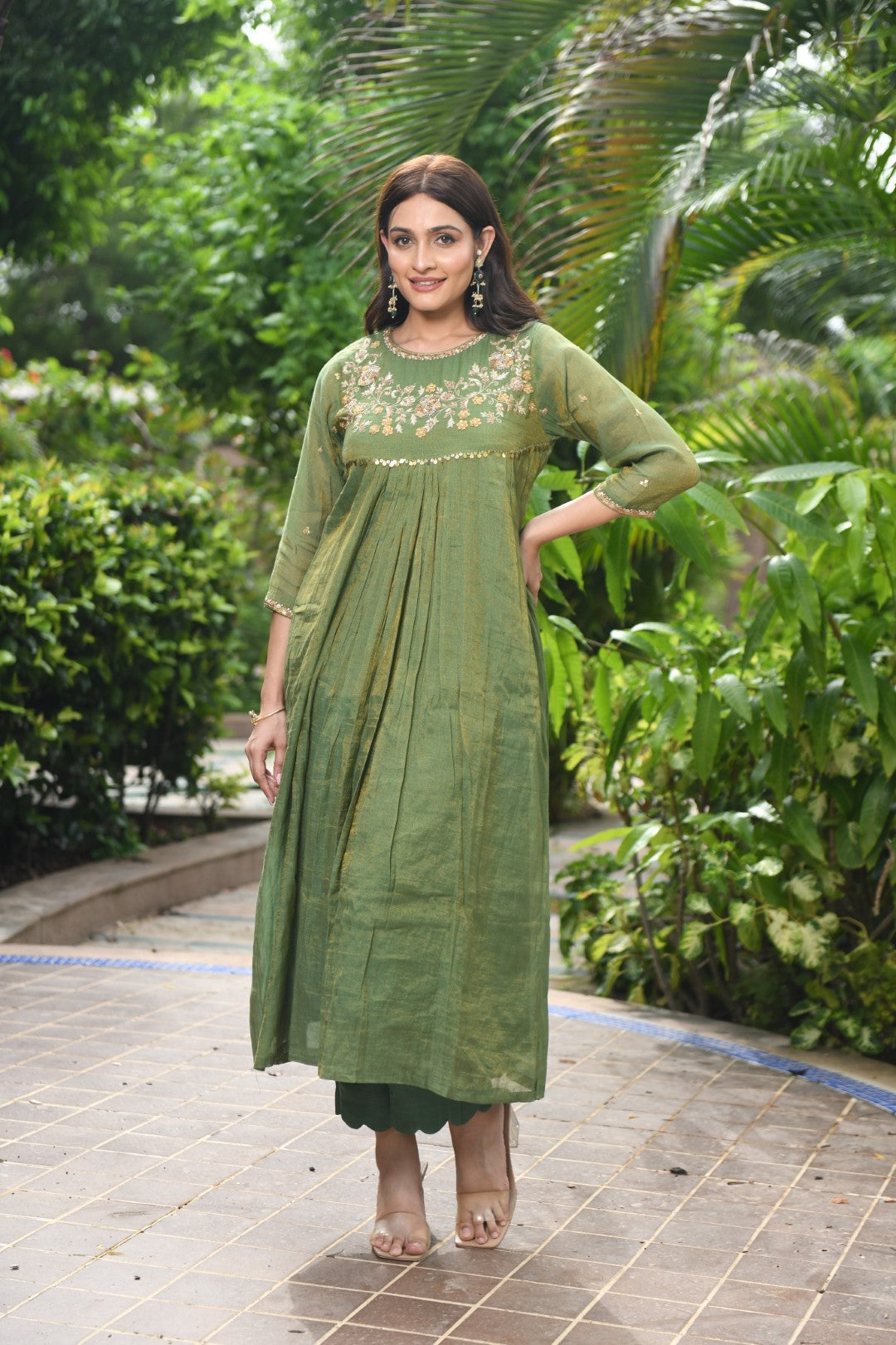EMERALD GREEN TISSUE CURVED YOKE RIWAYAT ANARKALI SET