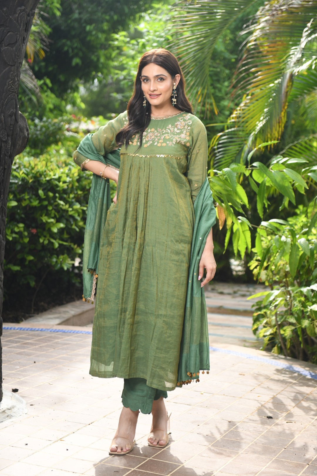 EMERALD GREEN TISSUE CURVED YOKE RIWAYAT ANARKALI SET