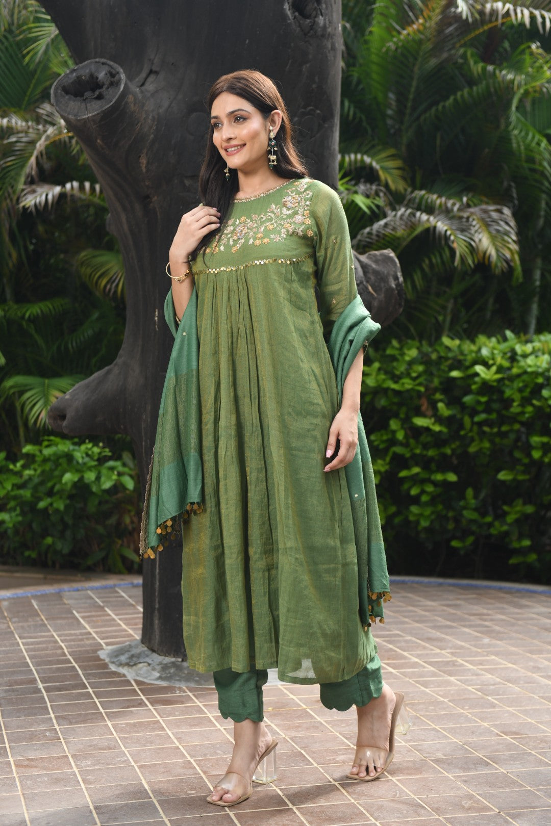 EMERALD GREEN TISSUE CURVED YOKE RIWAYAT ANARKALI SET