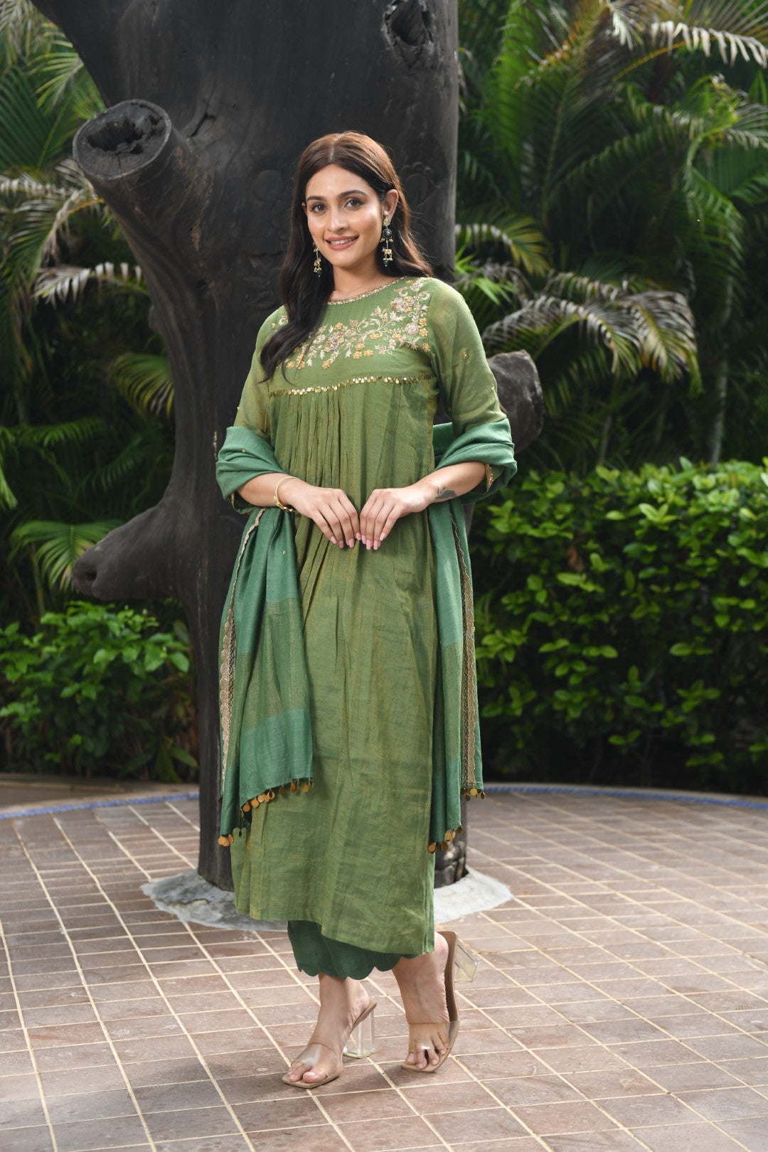 EMERALD GREEN TISSUE CURVED YOKE RIWAYAT ANARKALI SET