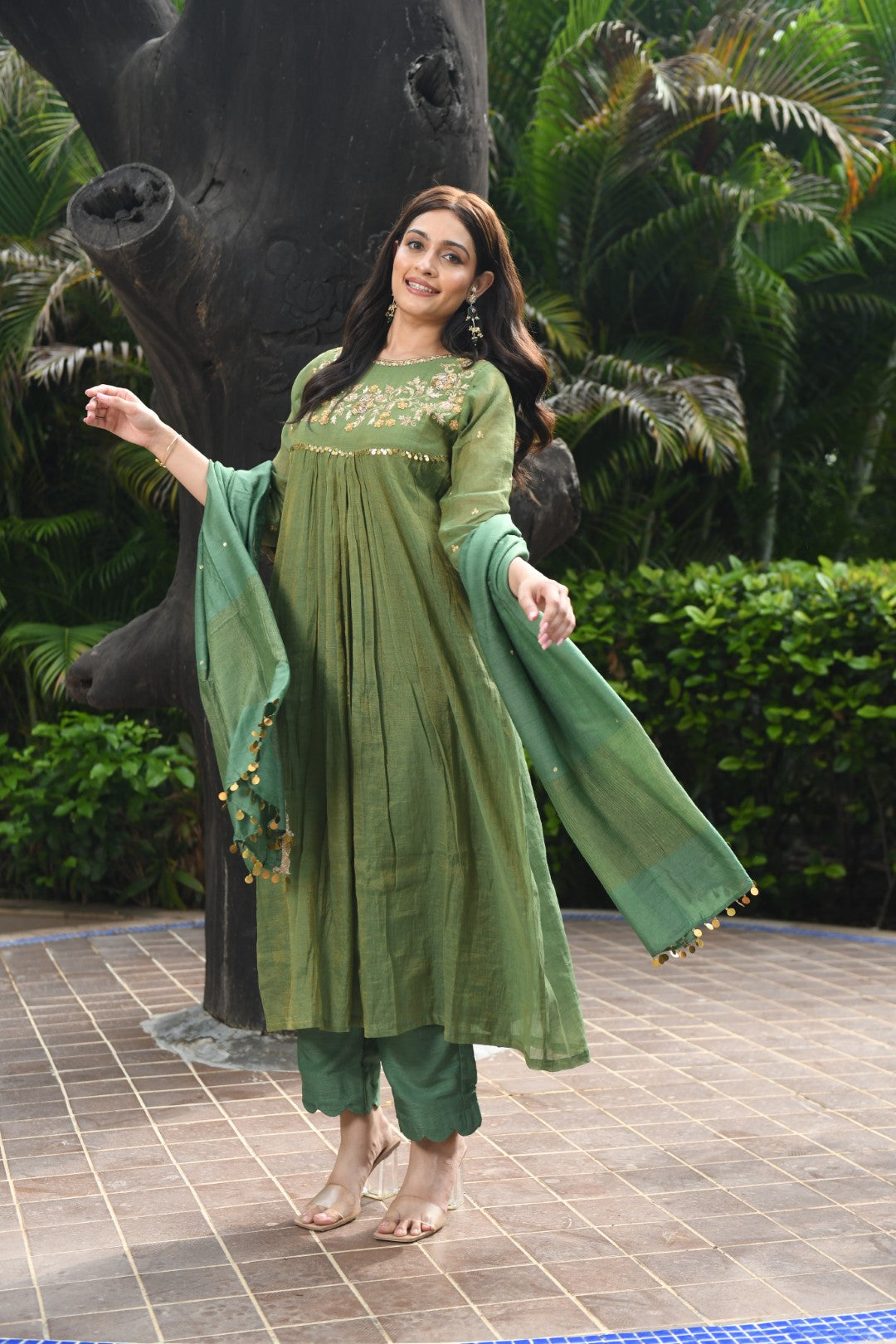 EMERALD GREEN TISSUE CURVED YOKE RIWAYAT ANARKALI SET