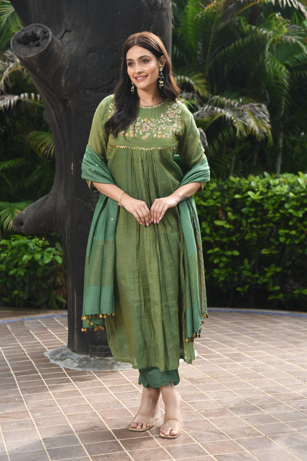 EMERALD GREEN TISSUE CURVED YOKE RIWAYAT ANARKALI SET