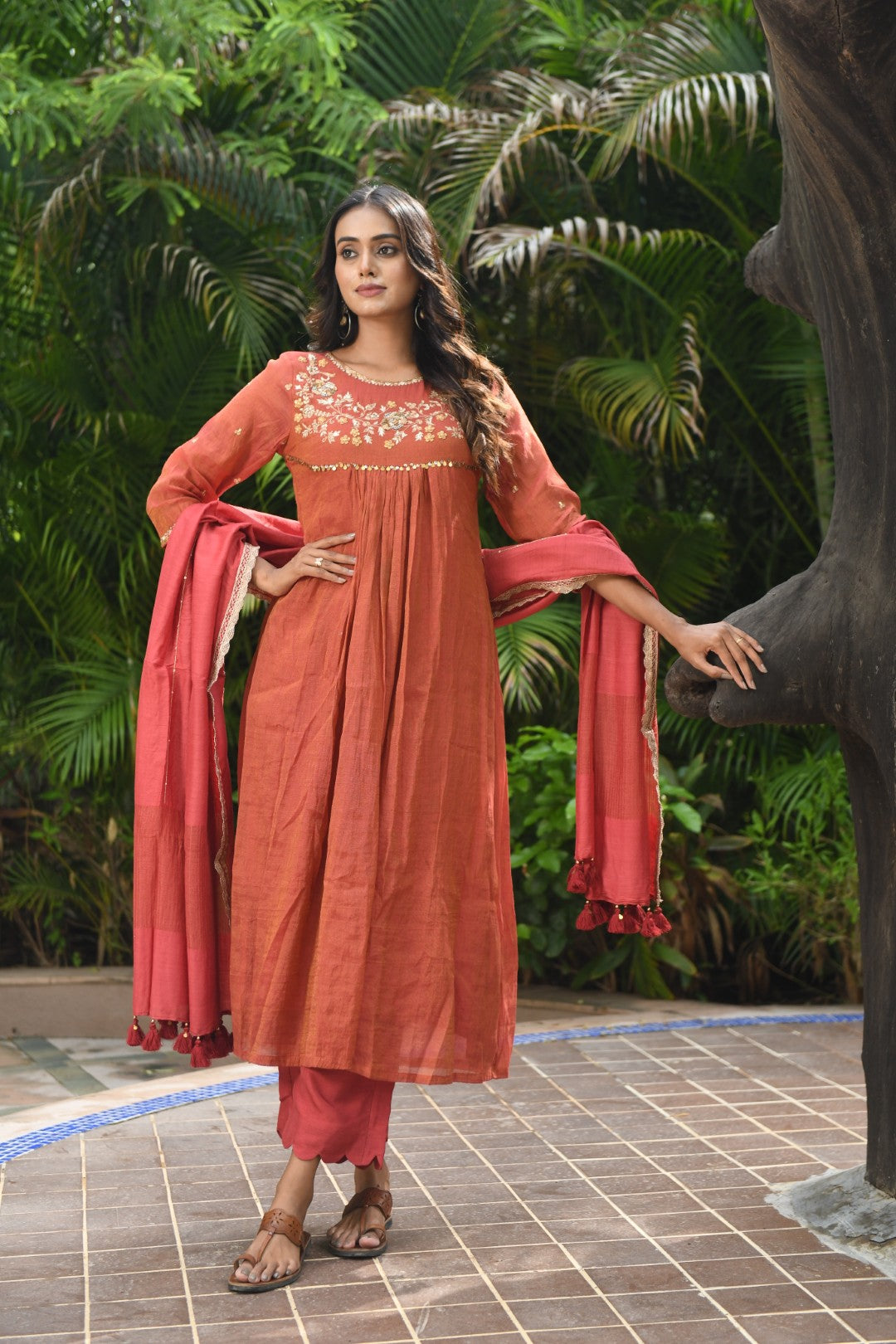 RUSTIC RED TISSUE CURVED YOKE RIWAYAT ANARKALI SET