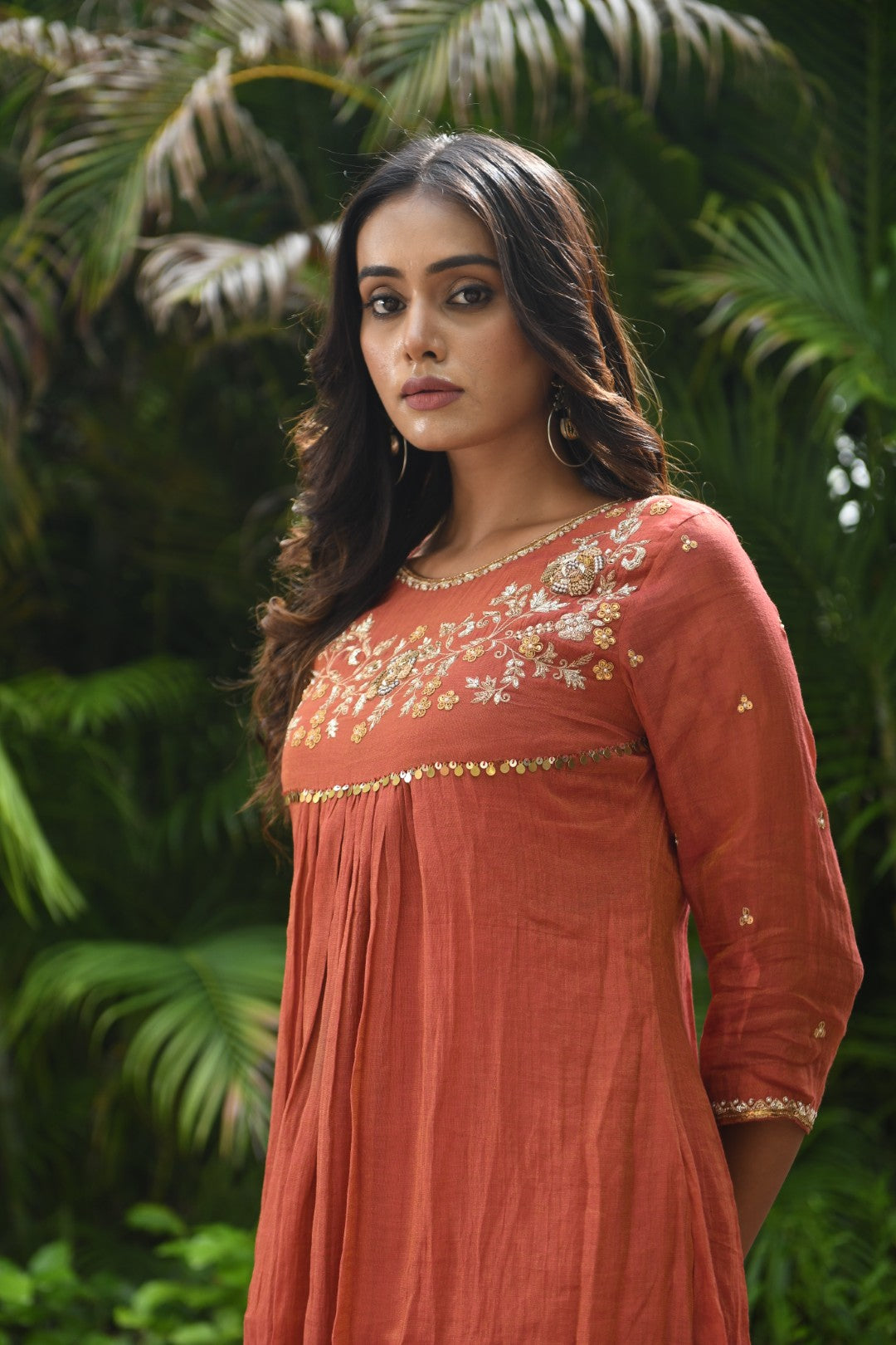 RUSTIC RED TISSUE CURVED YOKE RIWAYAT ANARKALI SET