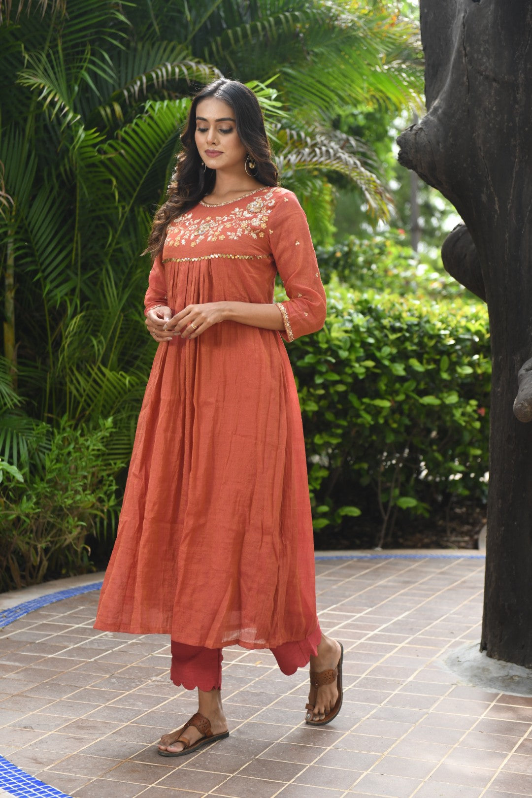RUSTIC RED TISSUE CURVED YOKE RIWAYAT ANARKALI SET