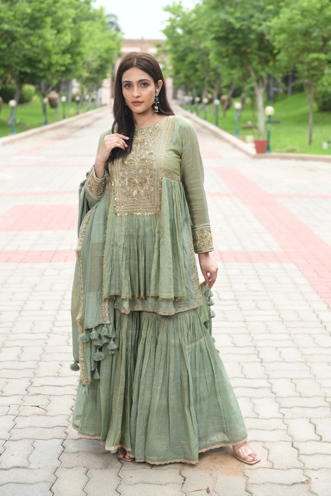 SEA GREEN RIWAYAT TISSUE SHARARA SET