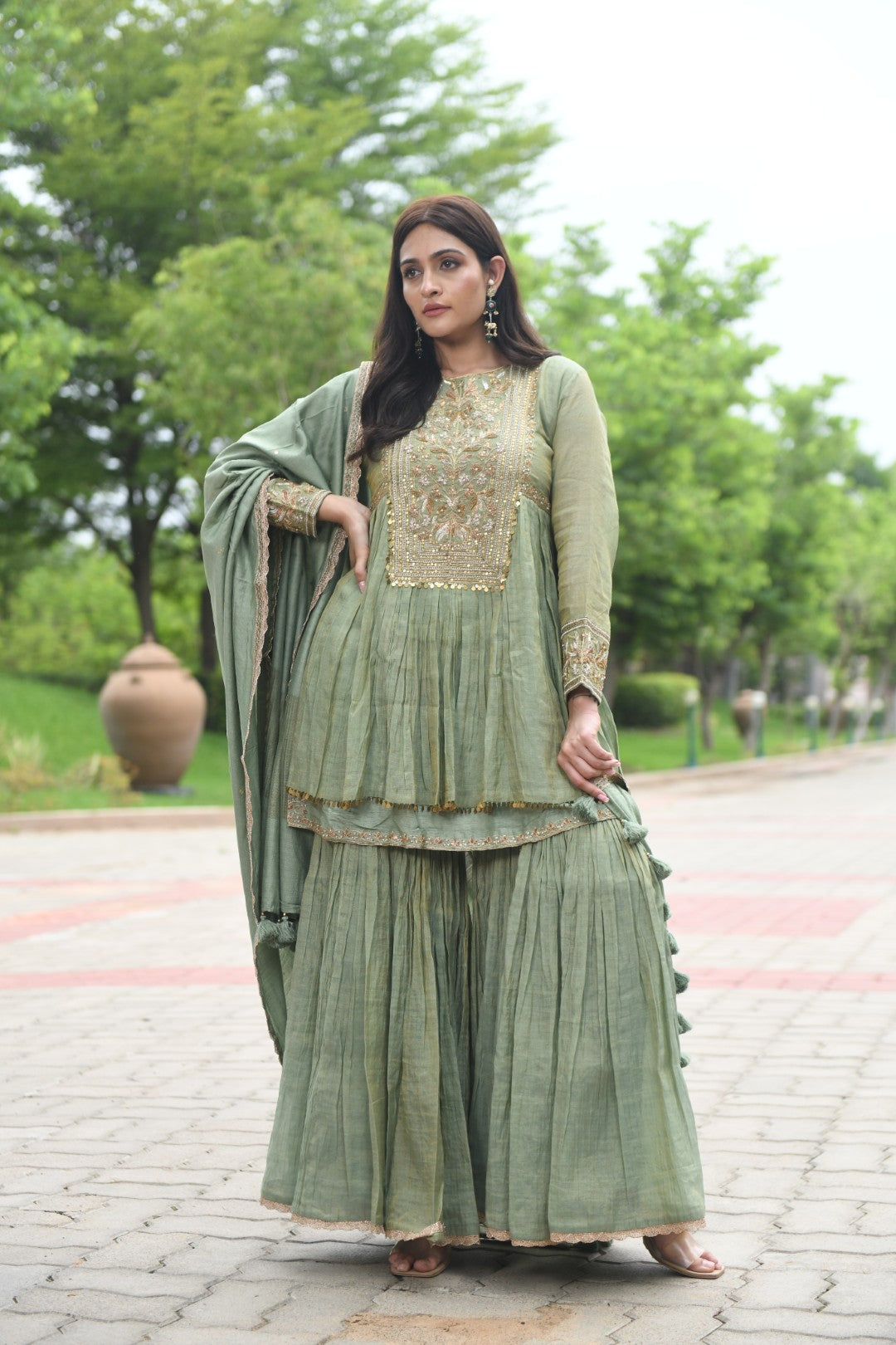 SEA GREEN RIWAYAT TISSUE SHARARA SET