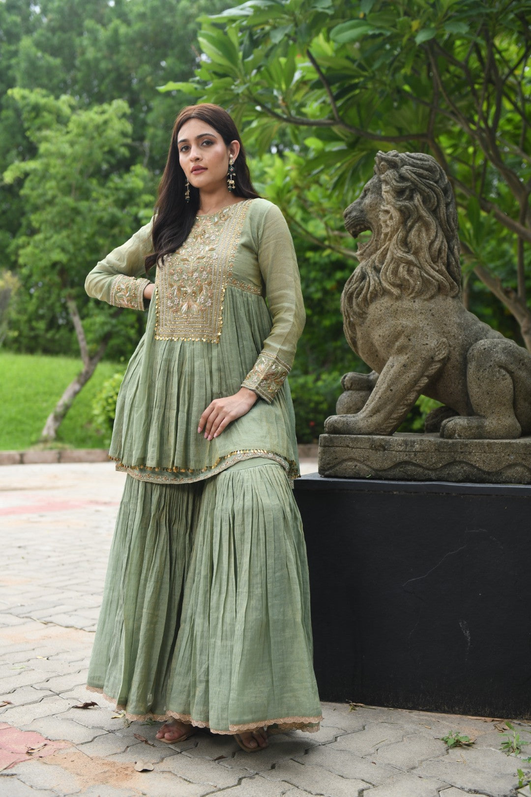 SEA GREEN RIWAYAT TISSUE SHARARA SET
