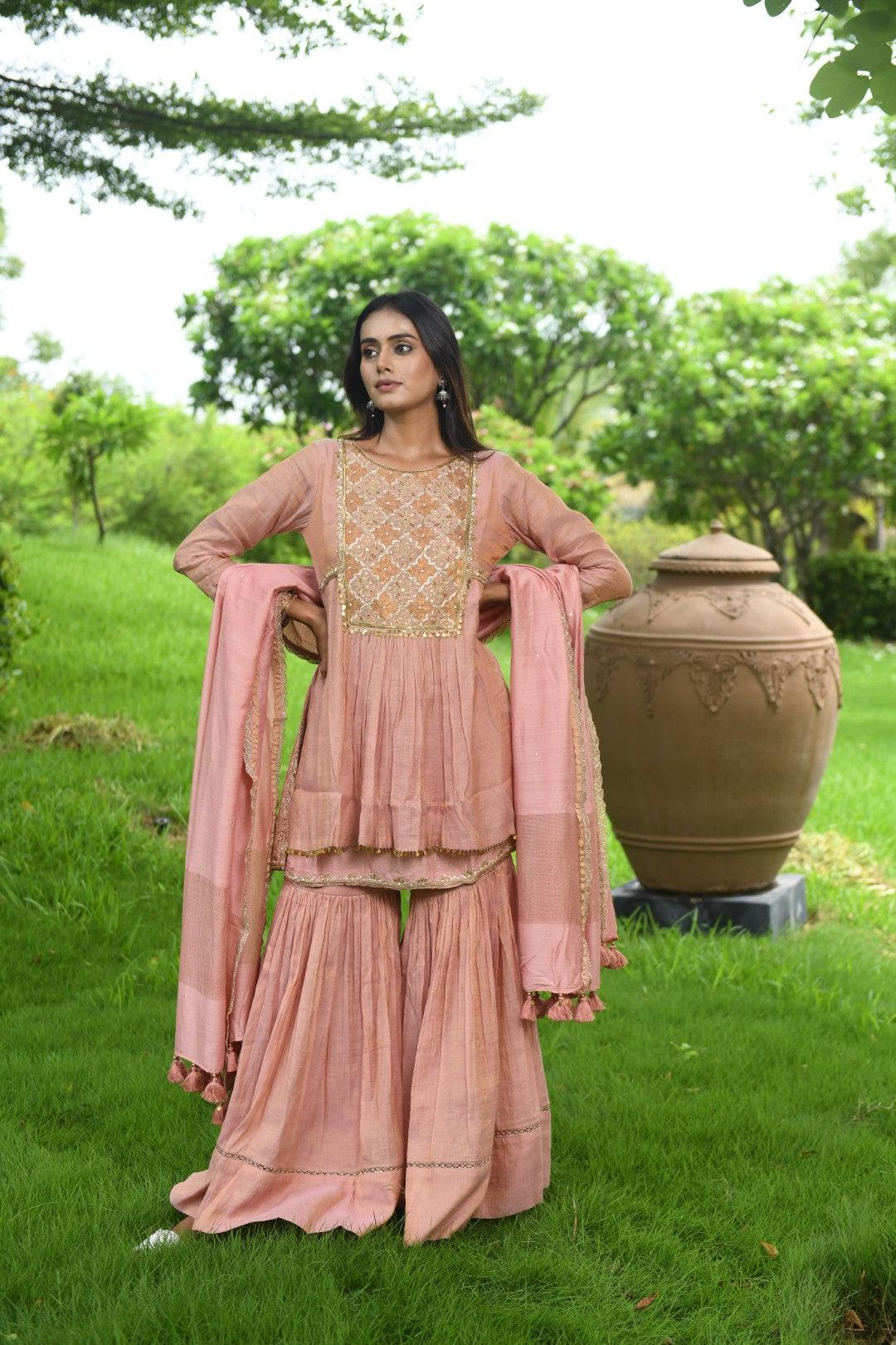 PEACH RIWAYAT TISSUE SHARARA SET