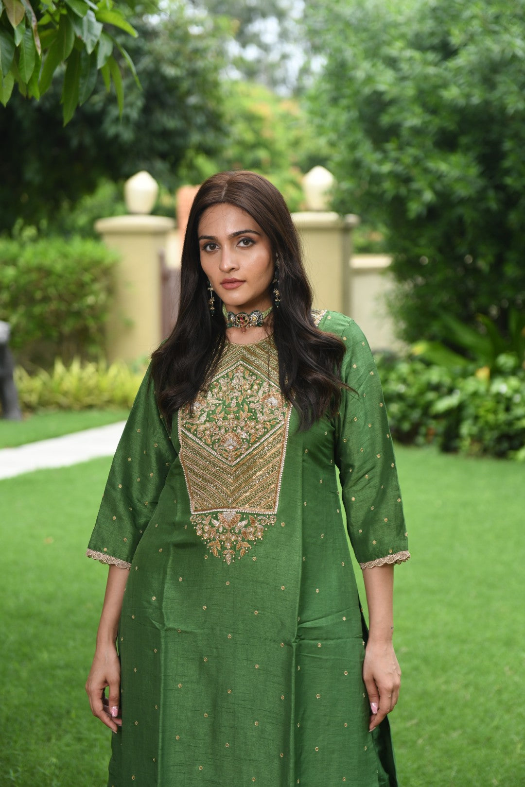 RAW MANGO GREEN EMBROIDERED A-LINE RIWAYAT KURTA SET