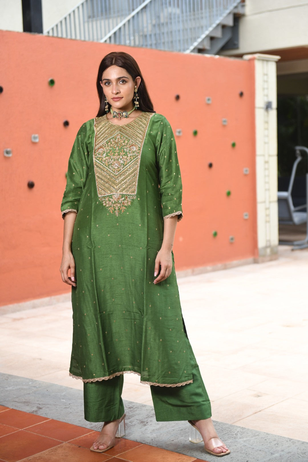RAW MANGO GREEN EMBROIDERED A-LINE RIWAYAT KURTA SET