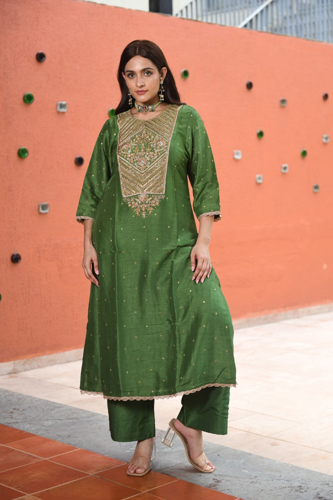 RAW MANGO GREEN EMBROIDERED A-LINE RIWAYAT KURTA SET
