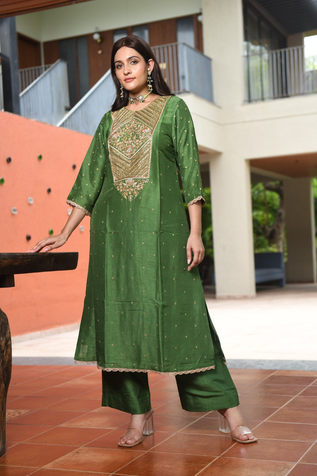 RAW MANGO GREEN EMBROIDERED A-LINE RIWAYAT KURTA SET