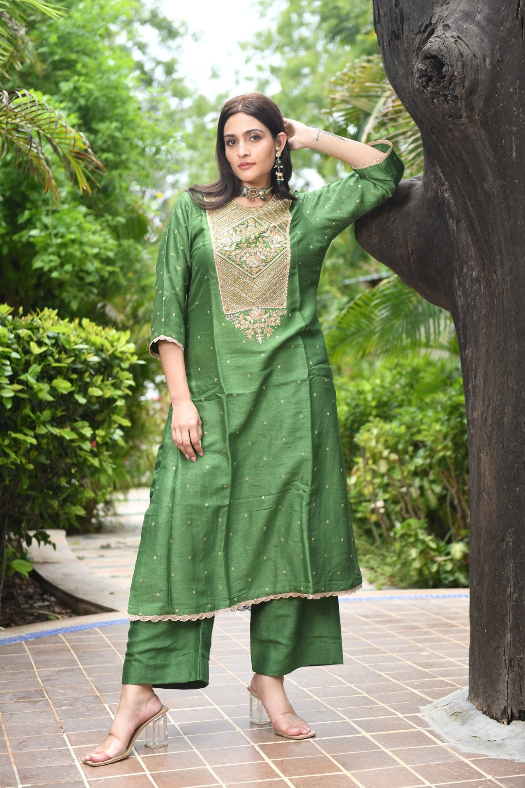 RAW MANGO GREEN EMBROIDERED A-LINE RIWAYAT KURTA SET