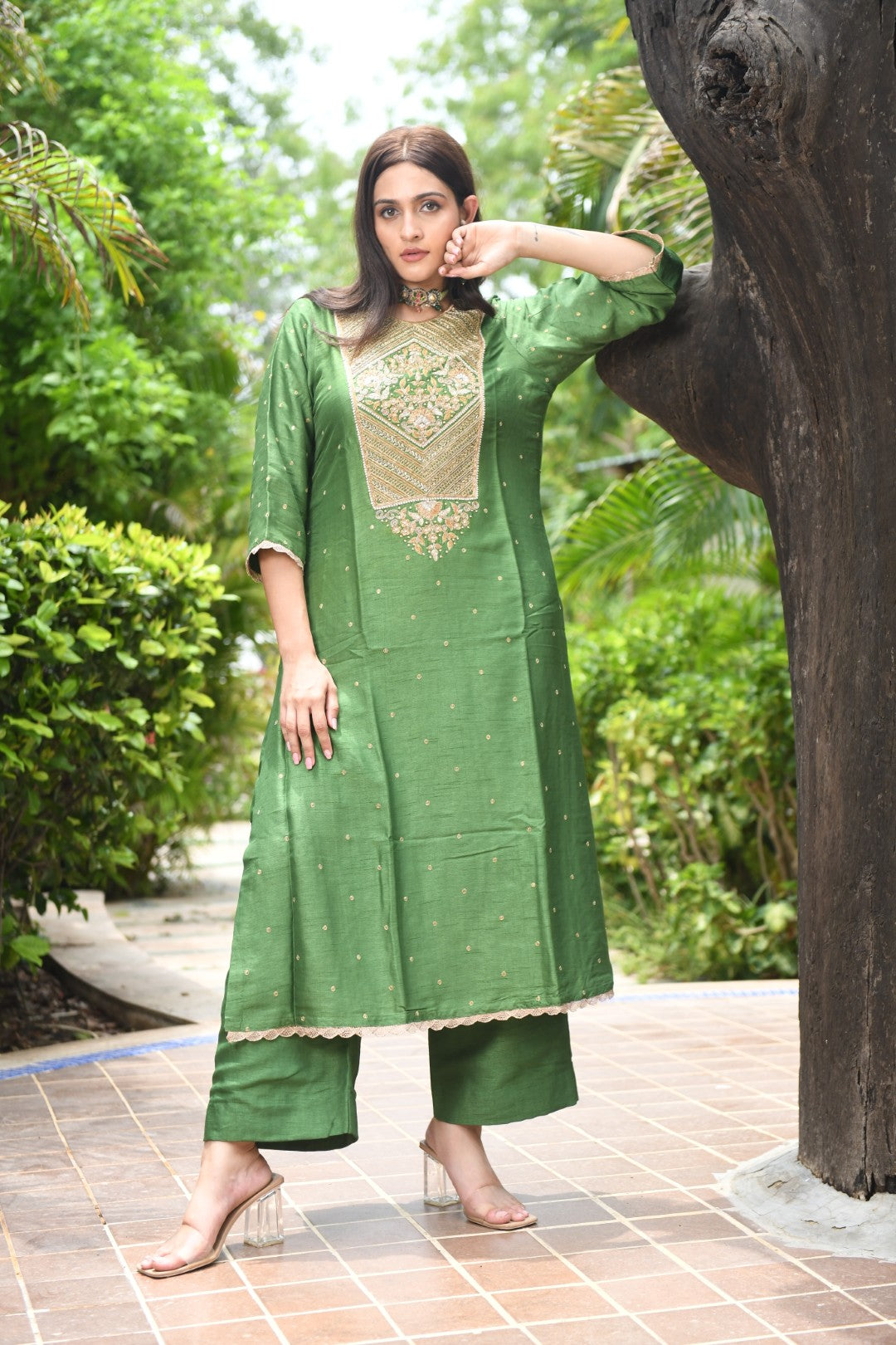 RAW MANGO GREEN EMBROIDERED A-LINE RIWAYAT KURTA SET