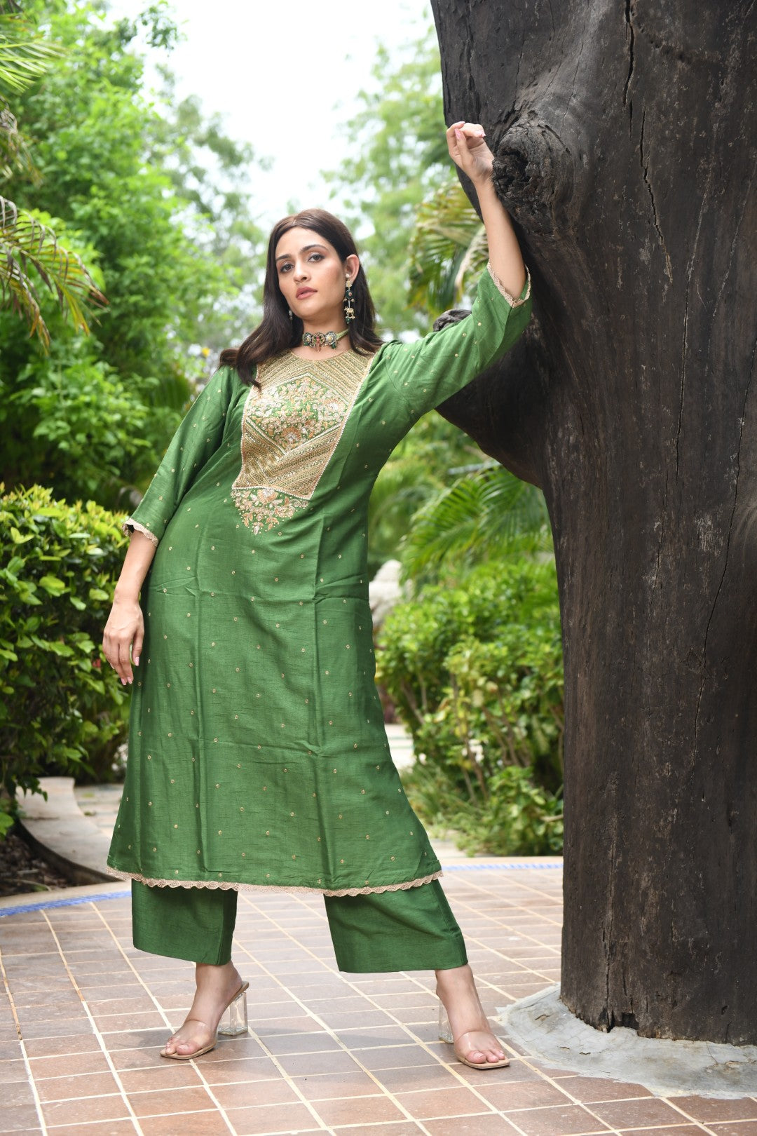 RAW MANGO GREEN EMBROIDERED A-LINE RIWAYAT KURTA SET