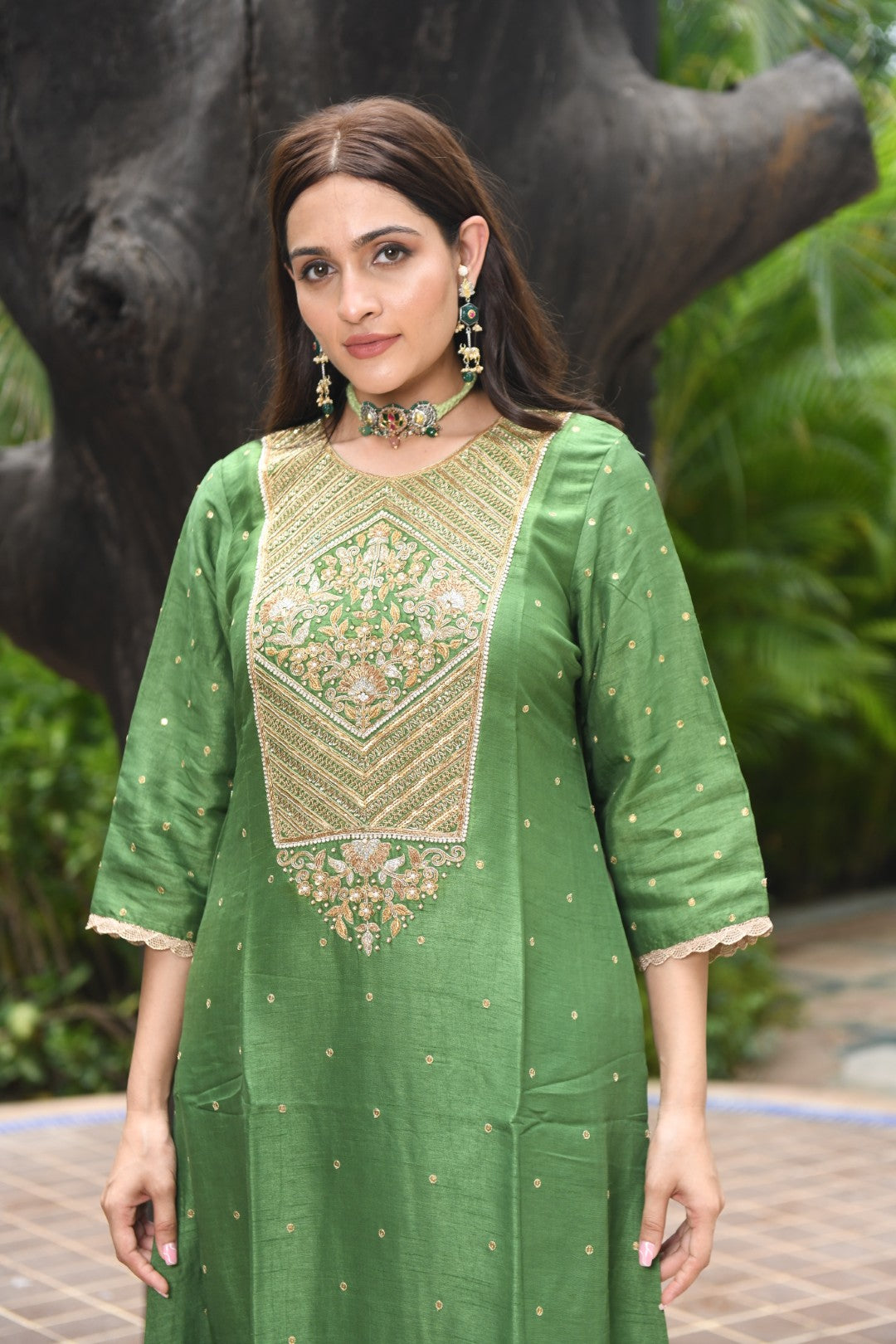 RAW MANGO GREEN EMBROIDERED A-LINE RIWAYAT KURTA SET