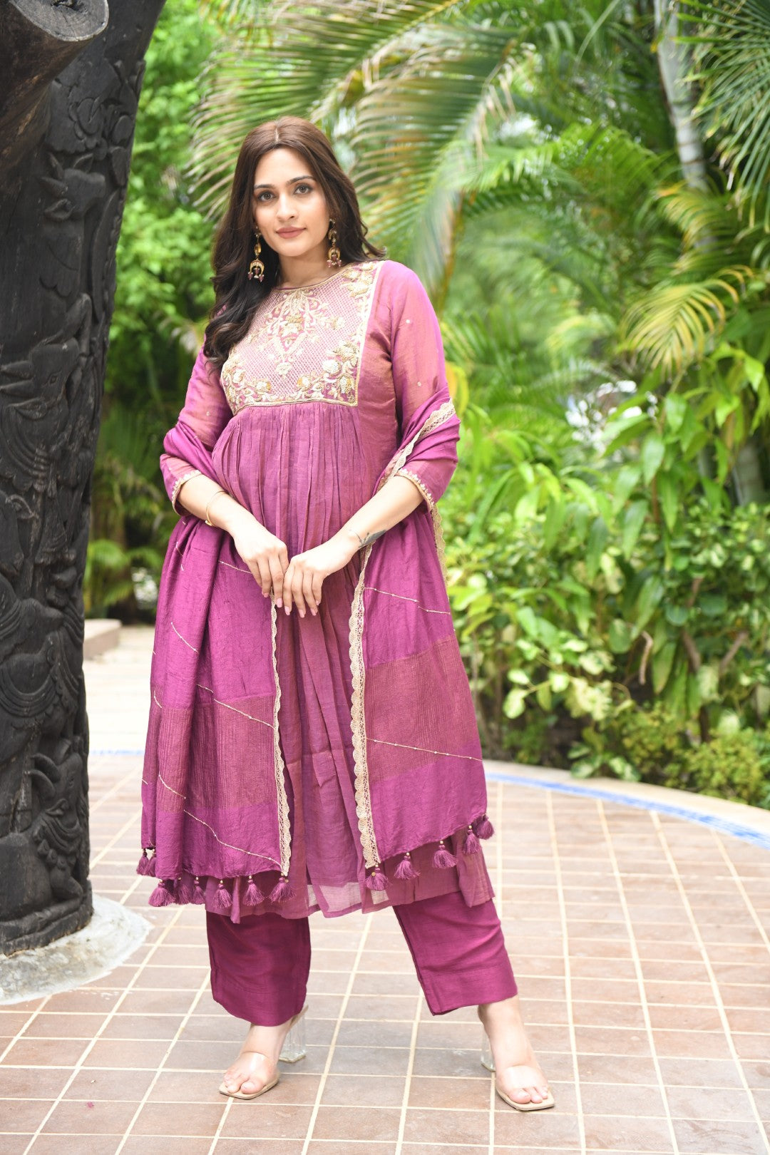 PURPLE TISSUE SQUARE YOKE RIWAYAT ANARKALI SET