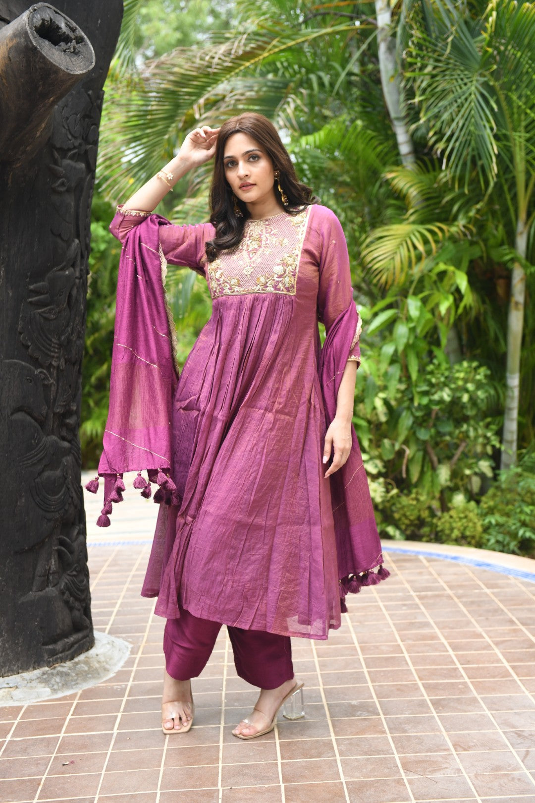 PURPLE TISSUE SQUARE YOKE RIWAYAT ANARKALI SET