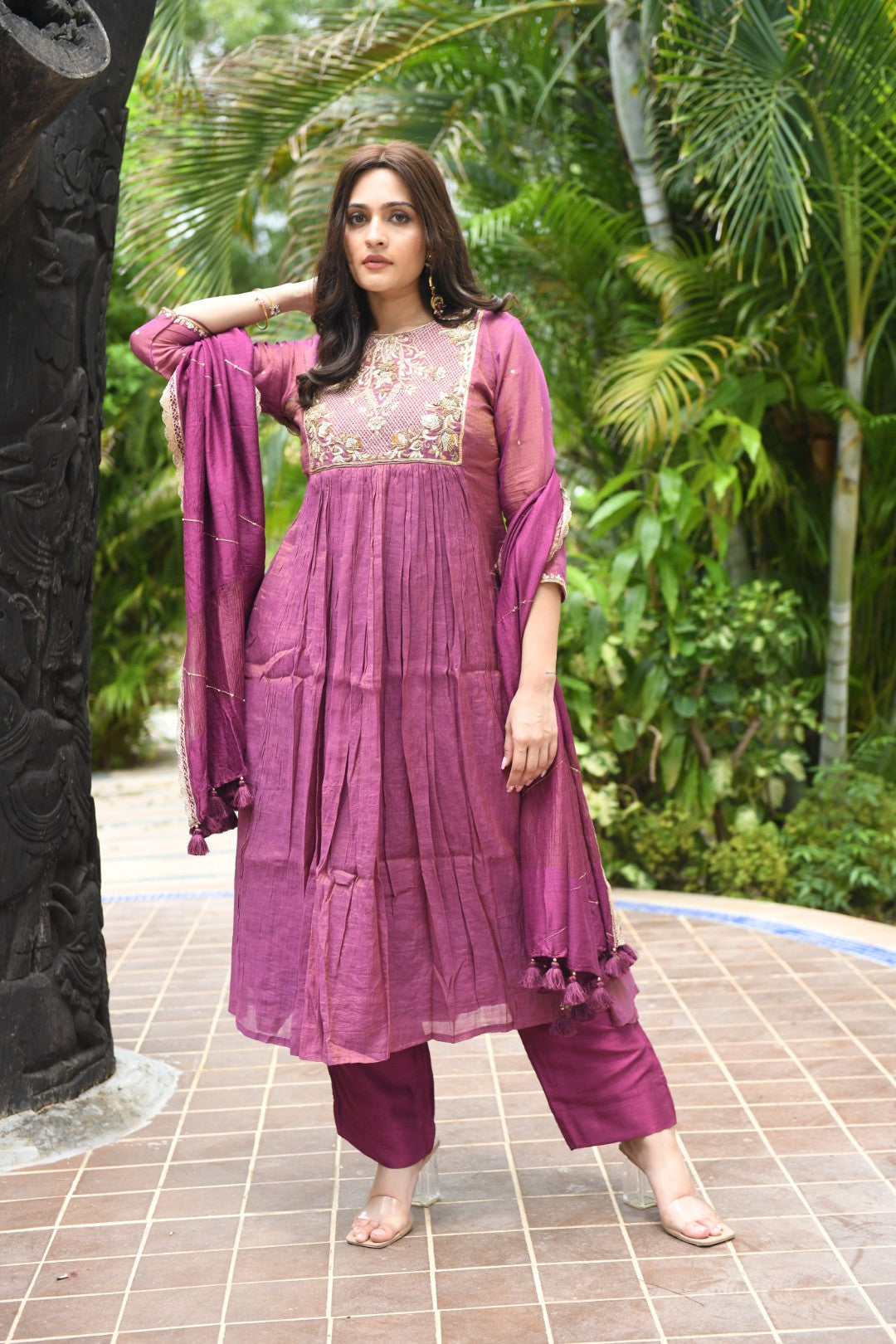 PURPLE TISSUE SQUARE YOKE RIWAYAT ANARKALI SET