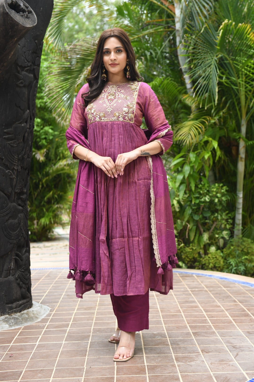 PURPLE TISSUE SQUARE YOKE RIWAYAT ANARKALI SET