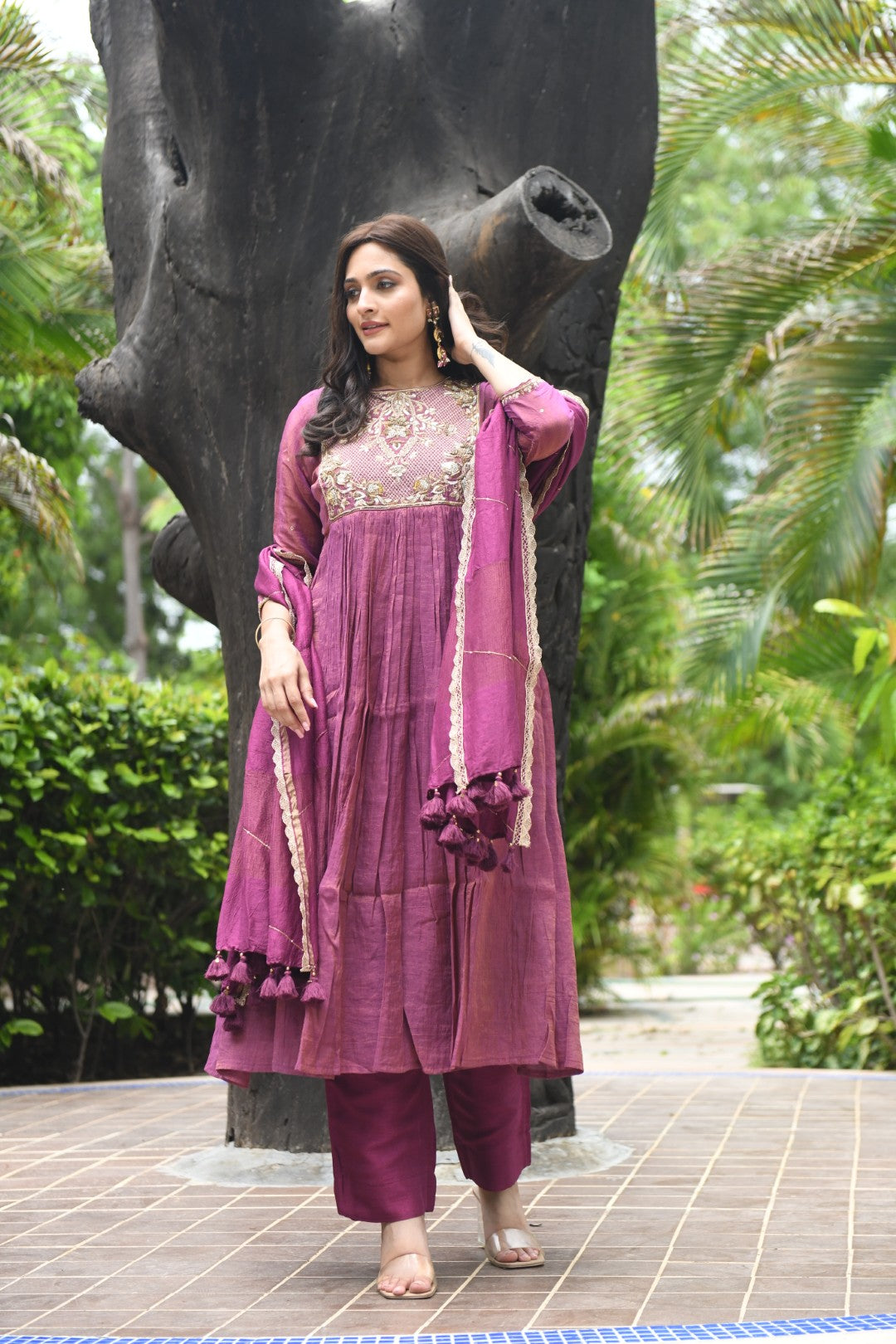 PURPLE TISSUE SQUARE YOKE RIWAYAT ANARKALI SET