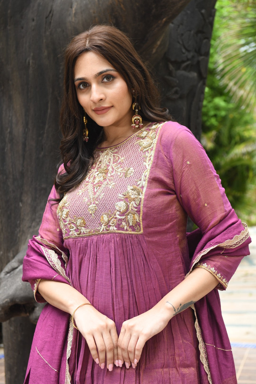 PURPLE TISSUE SQUARE YOKE RIWAYAT ANARKALI SET