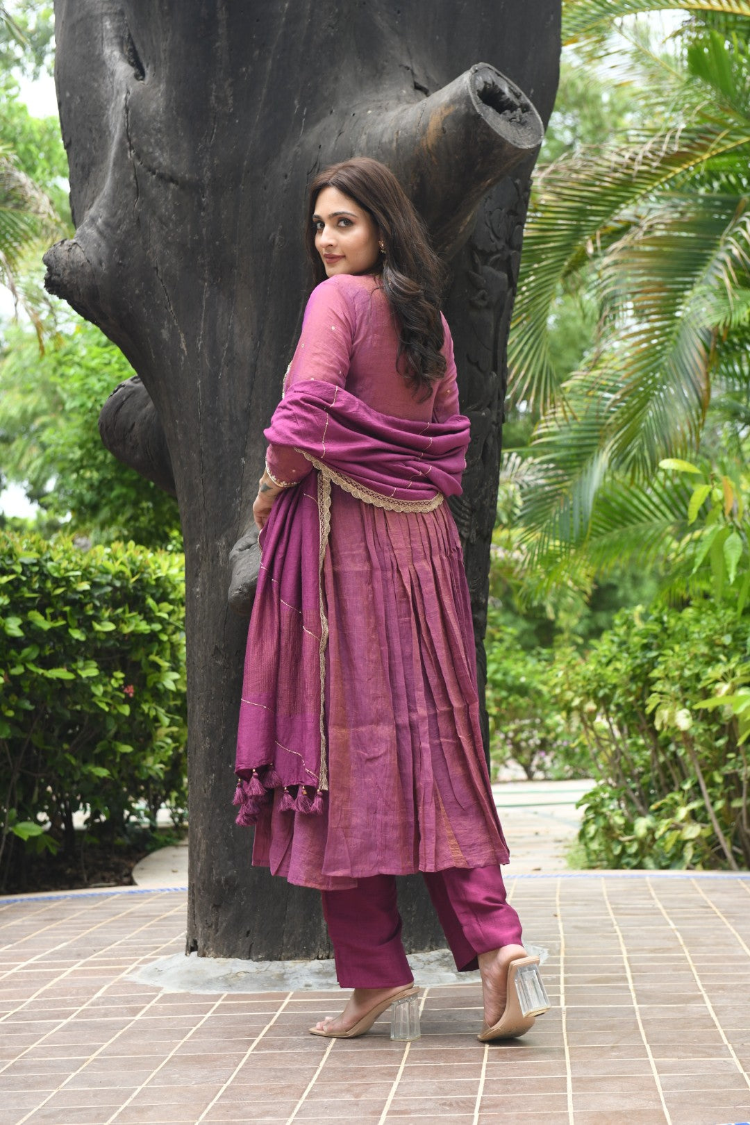 PURPLE TISSUE SQUARE YOKE RIWAYAT ANARKALI SET