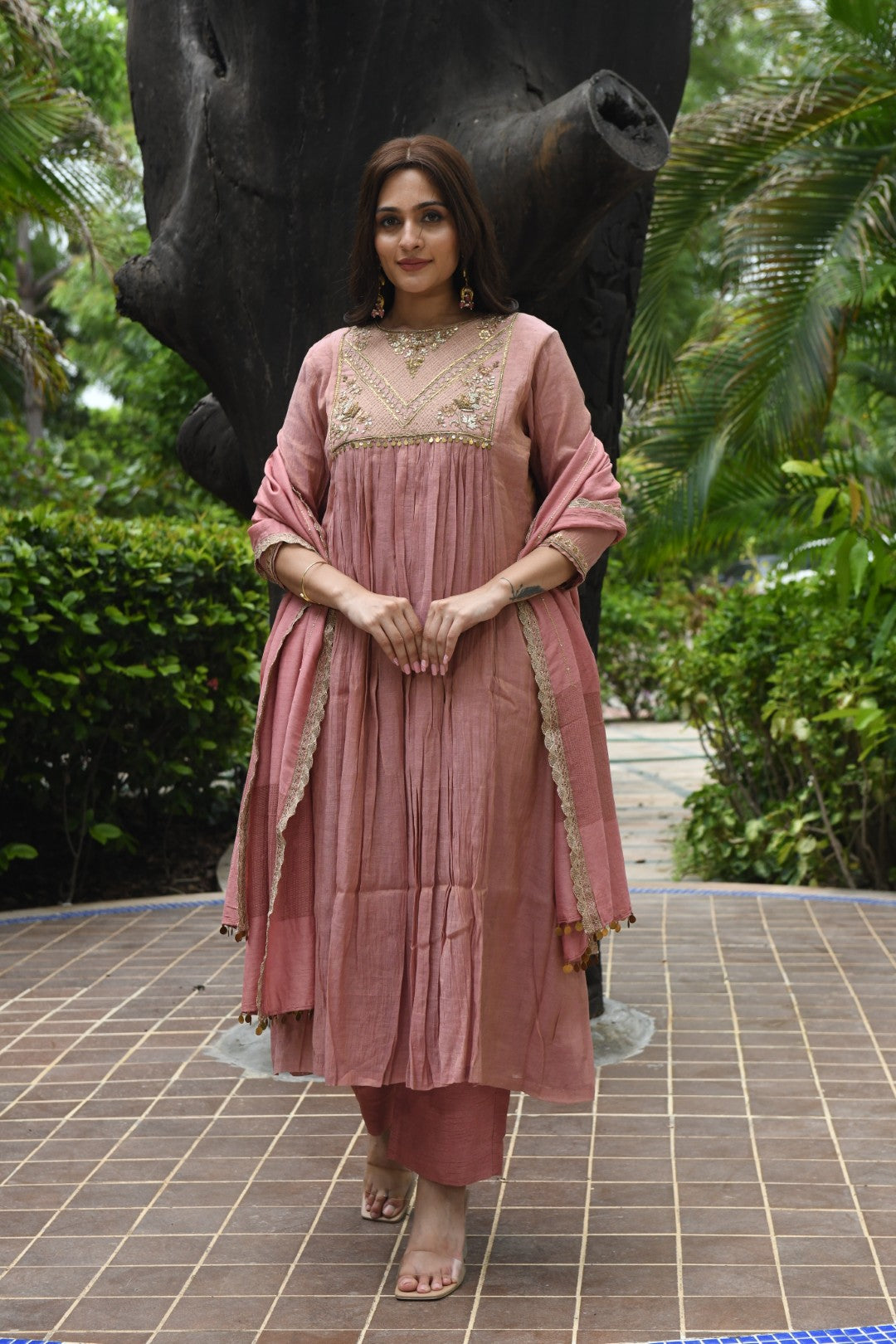 ONION PINK TISSUE SQUARE YOKE RIWAYAT ANARKALI SET