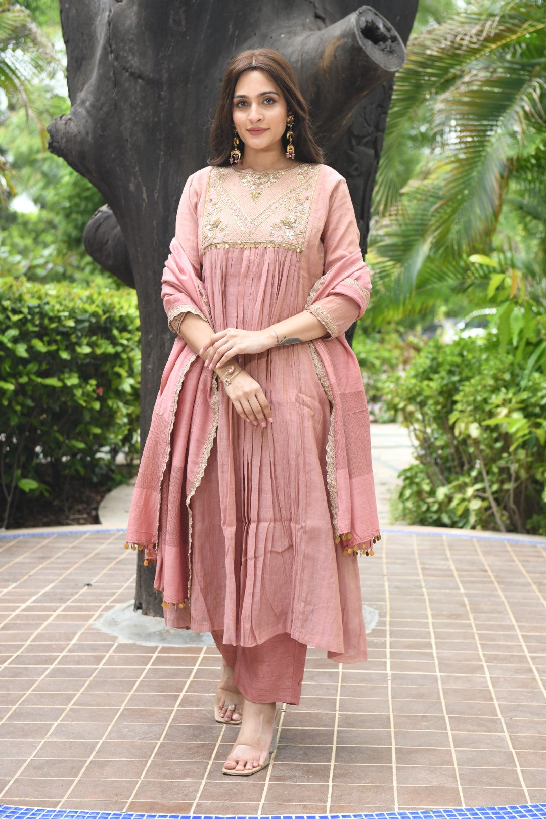 ONION PINK TISSUE SQUARE YOKE RIWAYAT ANARKALI SET