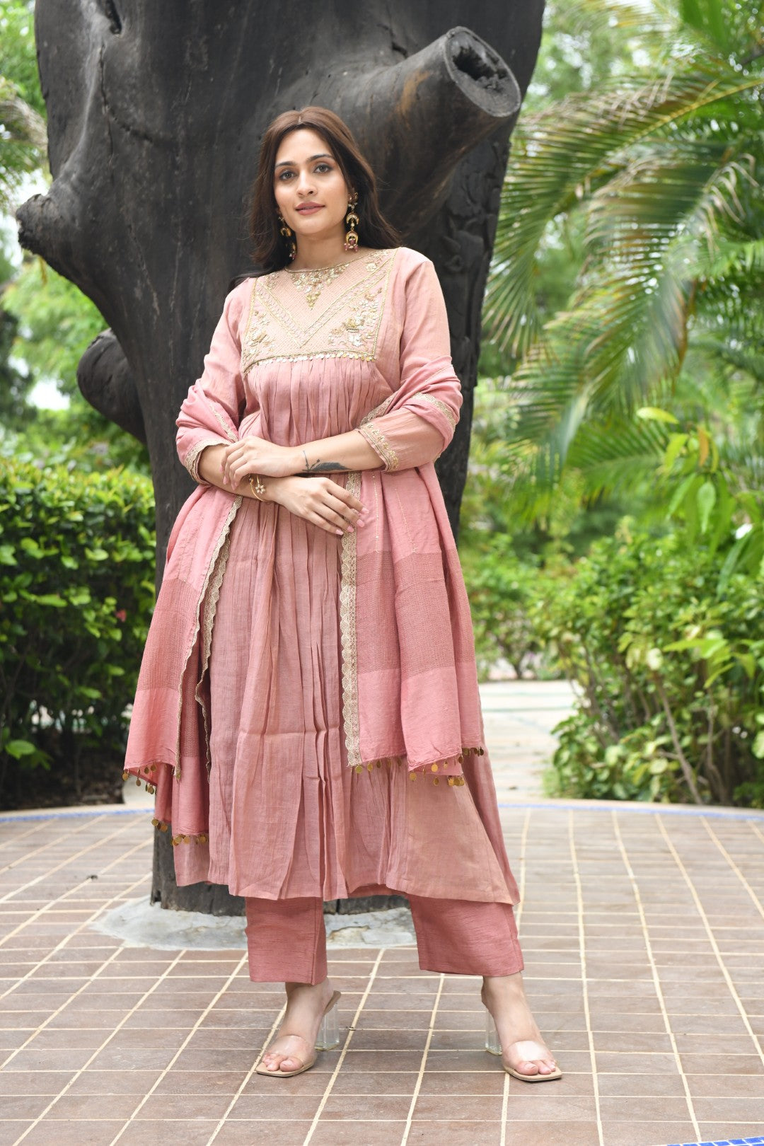 ONION PINK TISSUE SQUARE YOKE RIWAYAT ANARKALI SET