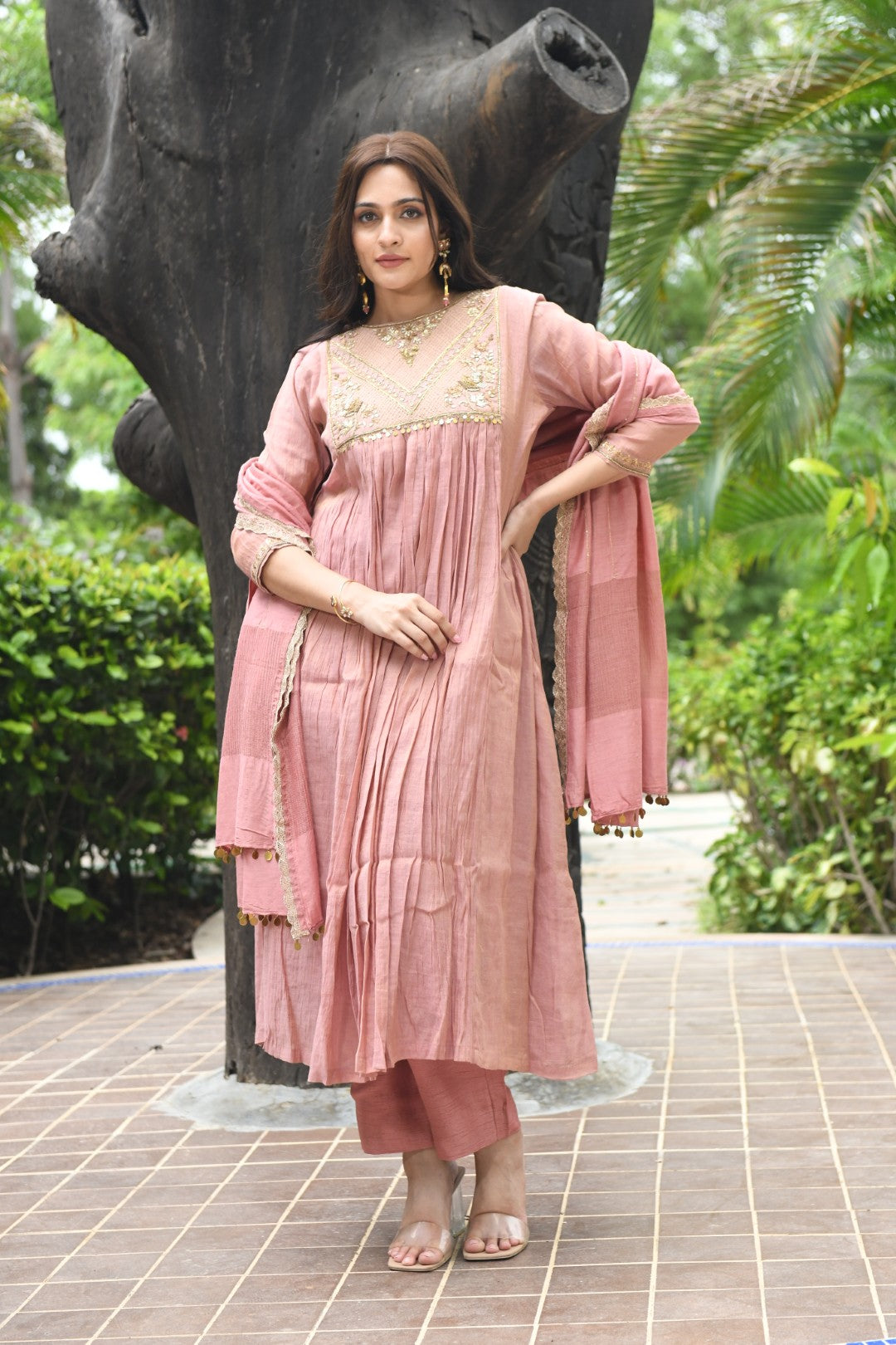 ONION PINK TISSUE SQUARE YOKE RIWAYAT ANARKALI SET
