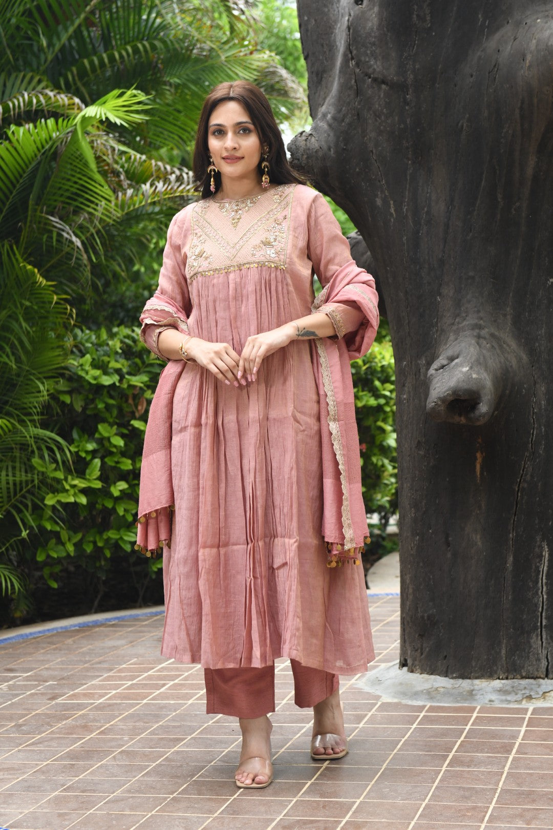 ONION PINK TISSUE SQUARE YOKE RIWAYAT ANARKALI SET