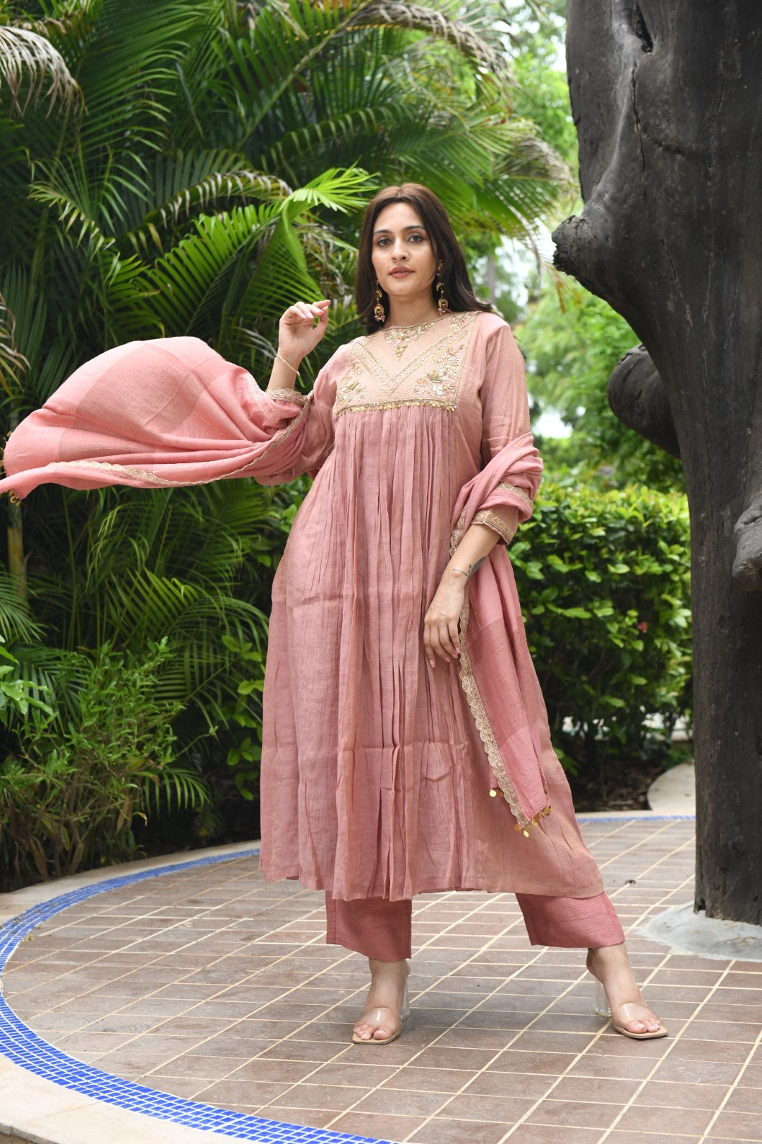 ONION PINK TISSUE SQUARE YOKE RIWAYAT ANARKALI SET