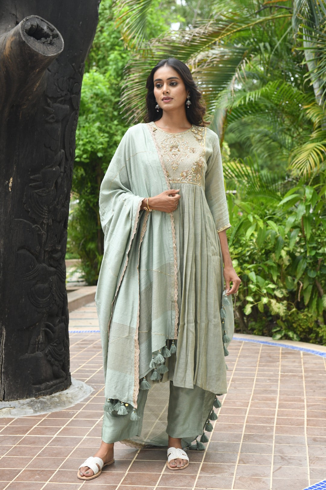 POWDER BLUE TISSUE SQUARE YOKE RIWAYAT ANARKALI SET