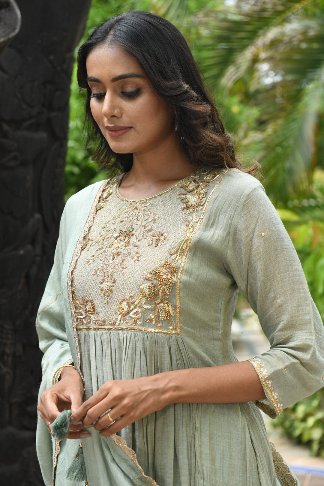 POWDER BLUE TISSUE SQUARE YOKE RIWAYAT ANARKALI SET