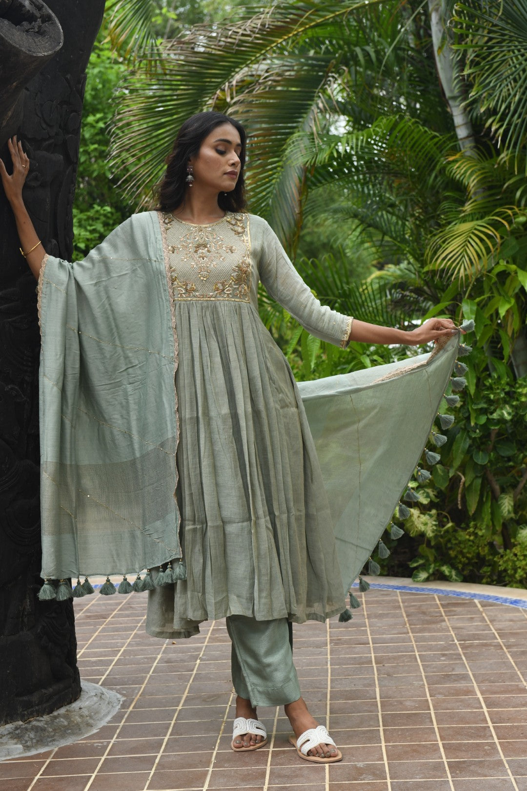 POWDER BLUE TISSUE SQUARE YOKE RIWAYAT ANARKALI SET