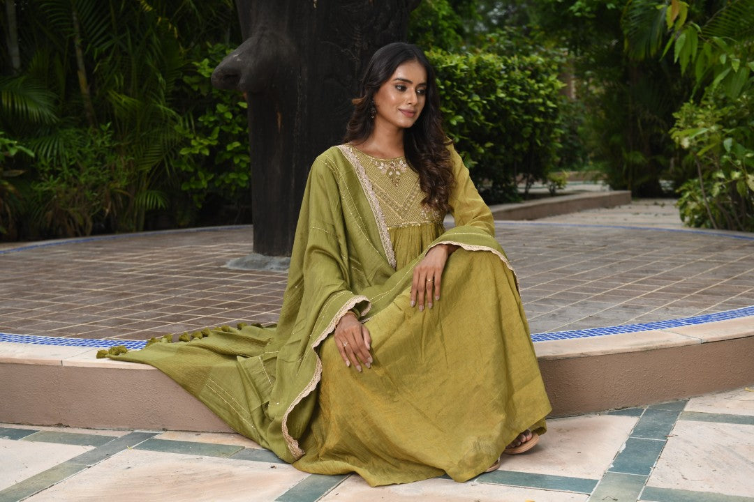 OLIVE GREEN TISSUE SQUARE YOKE RIWAYAT ANARKALI SET
