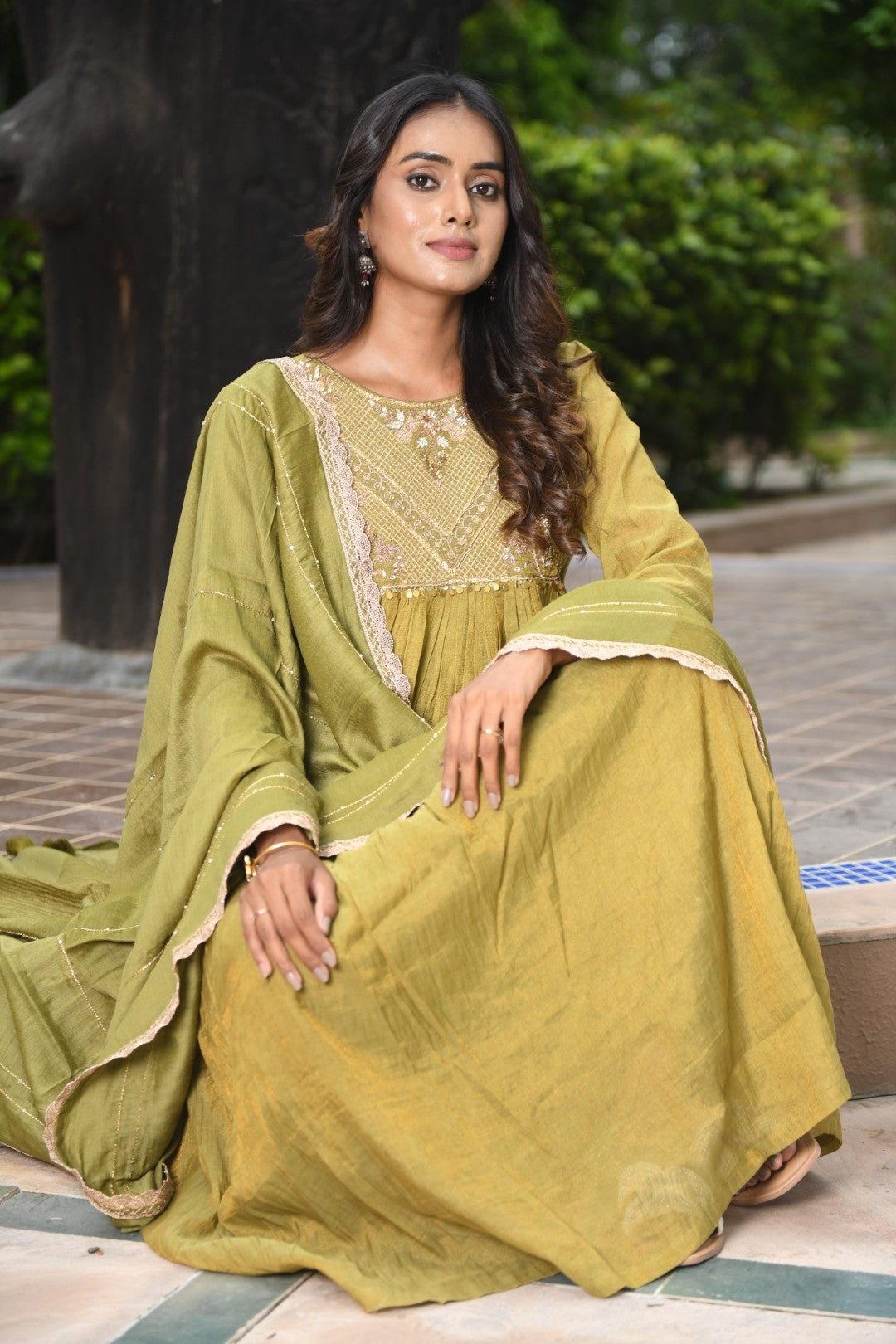 OLIVE GREEN TISSUE SQUARE YOKE RIWAYAT ANARKALI SET