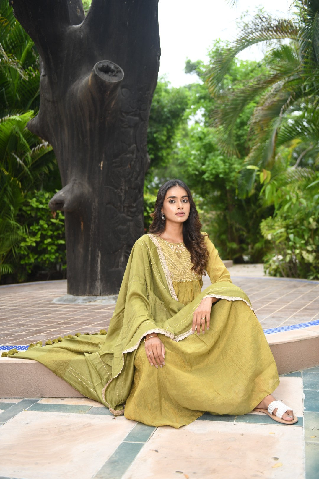 OLIVE GREEN TISSUE SQUARE YOKE RIWAYAT ANARKALI SET