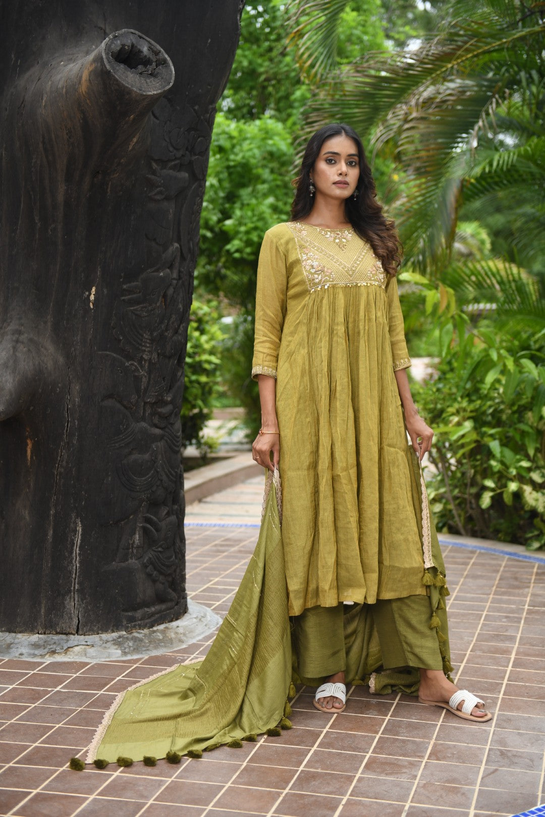 OLIVE GREEN TISSUE SQUARE YOKE RIWAYAT ANARKALI SET