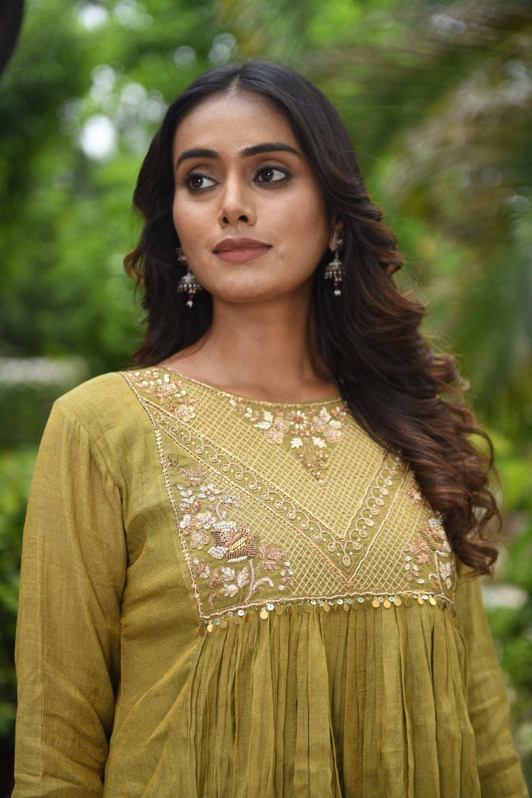 OLIVE GREEN TISSUE SQUARE YOKE RIWAYAT ANARKALI SET
