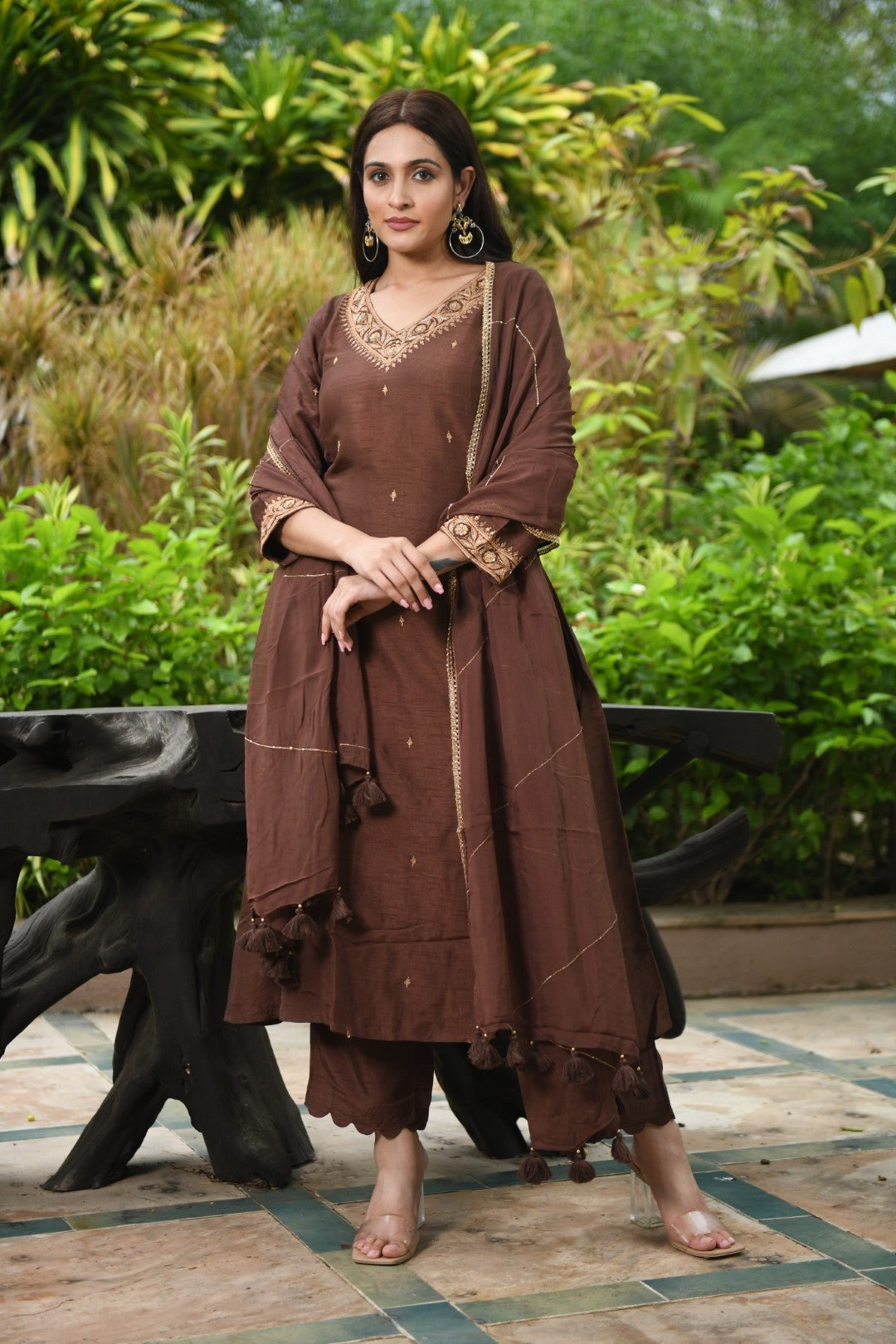 BROWN EMBROIDERED A-LINE RIWAYAT KURTA SET