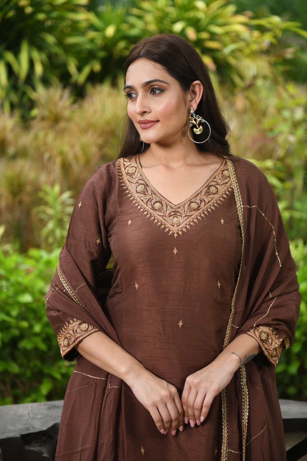 BROWN EMBROIDERED A-LINE RIWAYAT KURTA SET
