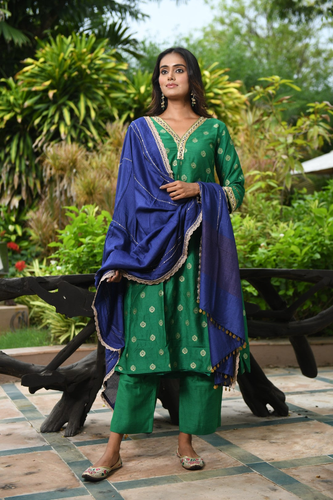 GREEN BANARASI A-LINE RIWAYAT KURTA SET