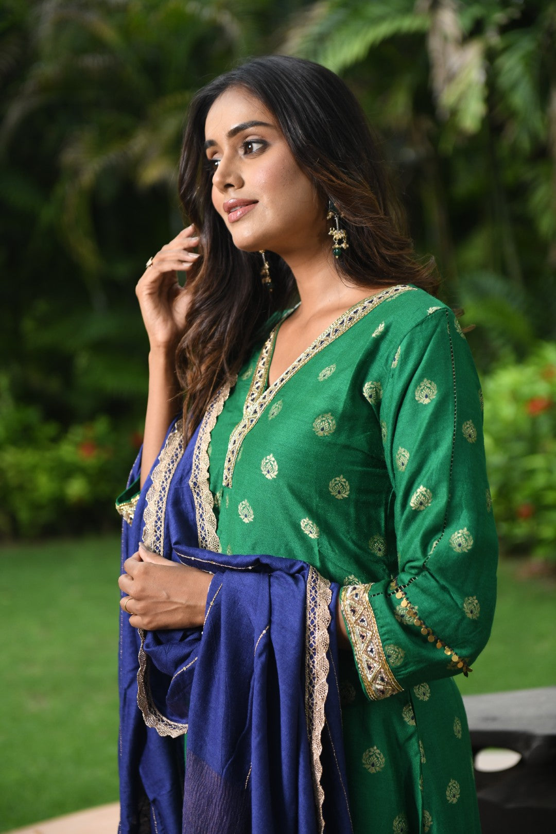 GREEN BANARASI A-LINE RIWAYAT KURTA SET